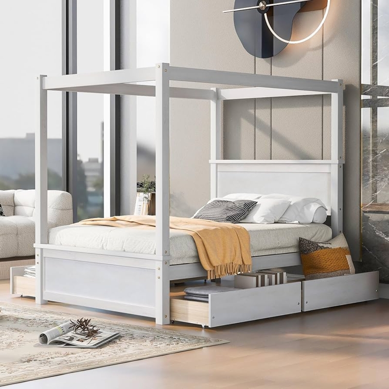 Minimalist White Canopy Bed with Underbed Storage Drawers