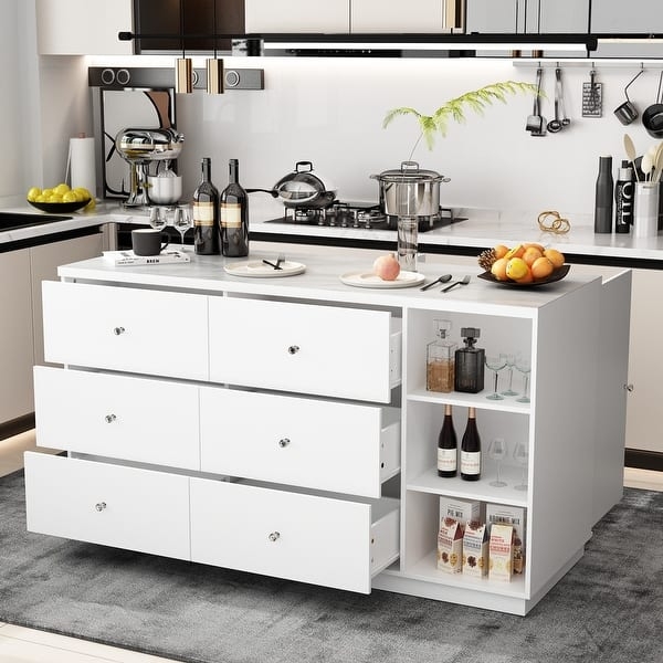 Minimalist White Kitchen Island with Six Drawers and Open Shelves