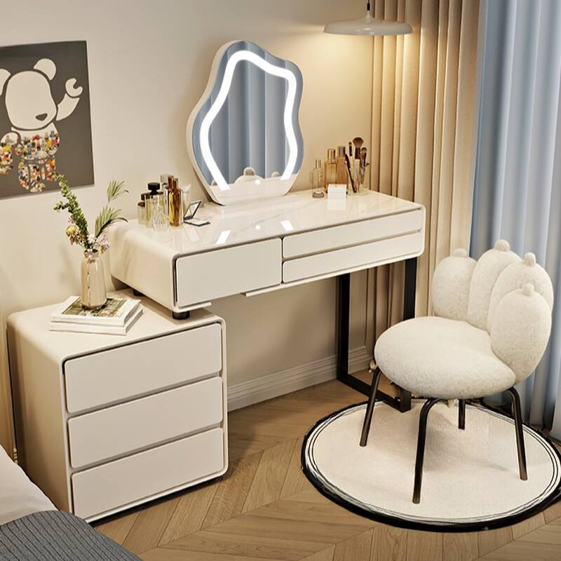 Minimalist White Makeup Vanity with Wavy LED Mirror and Boucle Chair