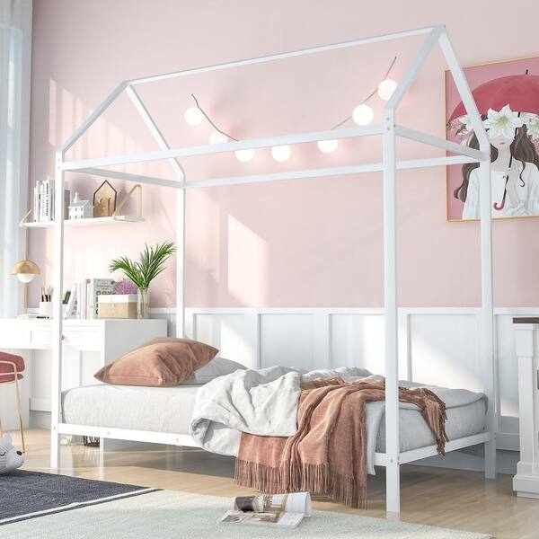 Minimalist White Metal House Bed Frame with Pitched Roof Canopy