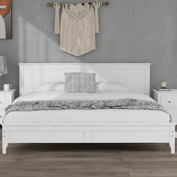 Minimalist White Platform Bed Paneled Headboard Matte Finish