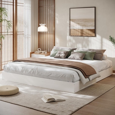 Minimalist White Platform Bed with Ultra-Low Floor Standing Base