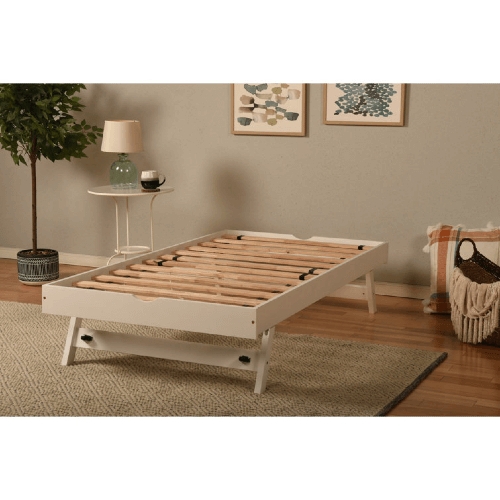 Minimalist White Trundle Bed Pop Up Folding Legs Wood Frame