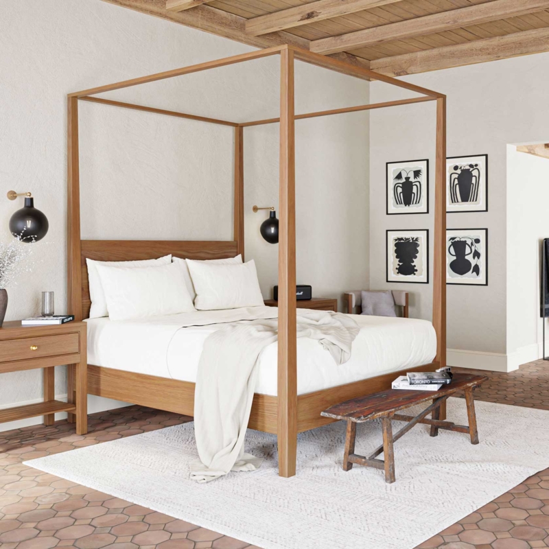 Minimalist Wood Canopy Bed in Mid Century Modern Style
