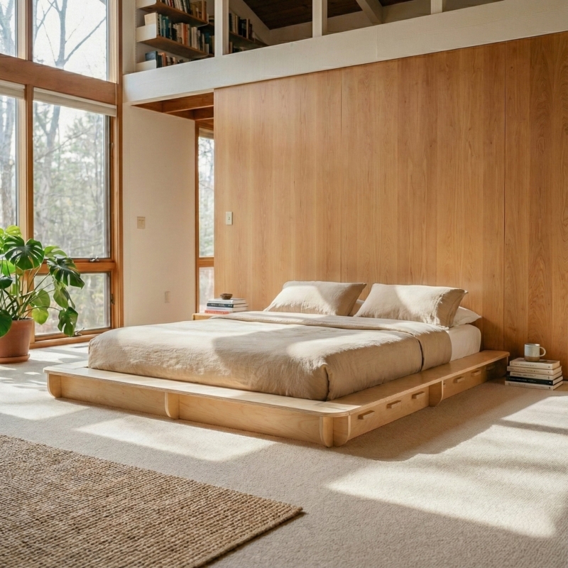 Minimalist Wood Platform Bed Wide Frame Integrated Drawers