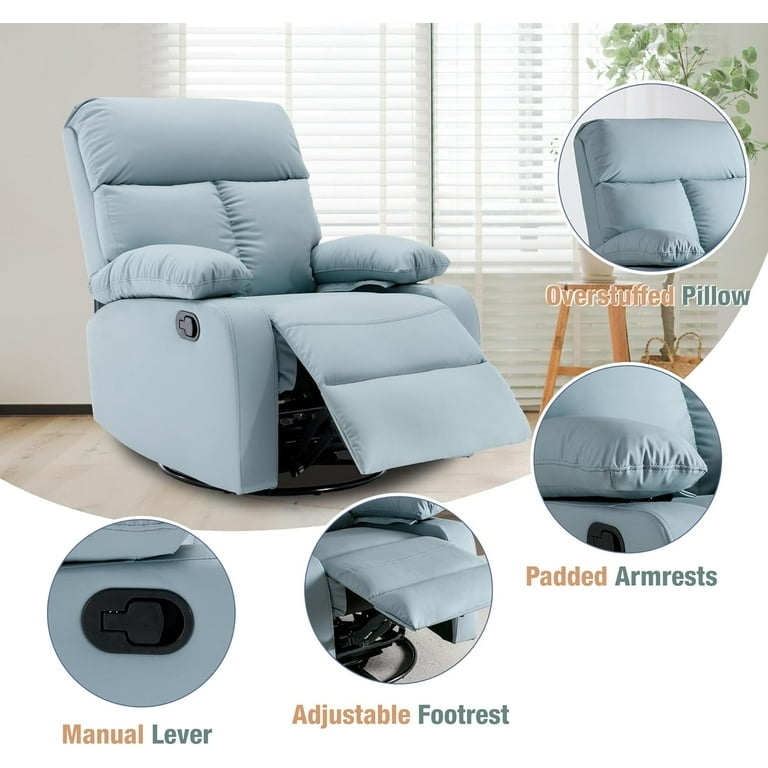 Mint Blue Swivel Rocking Recliner Overstuffed Pillows Small Space