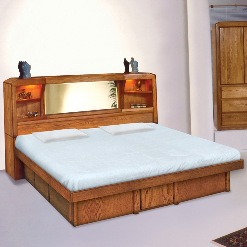 Mirrored Headboard Platform Bed with Honey Oak Finish and Built-In Shelving