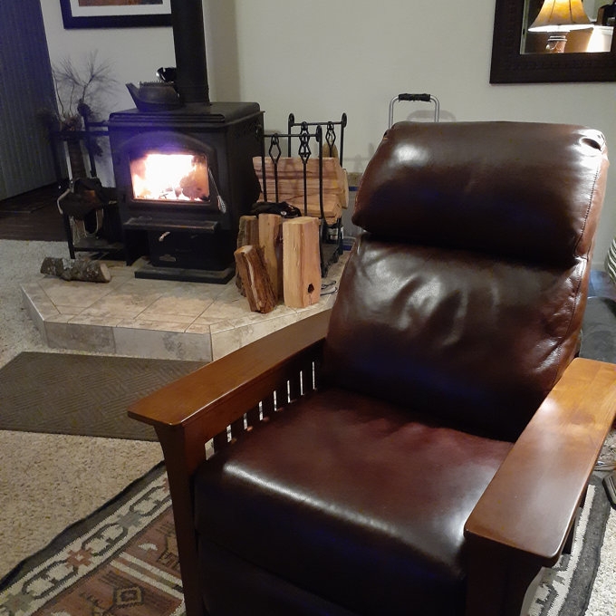 Mission Recliner Dark Brown Leather Like Wood Armrests