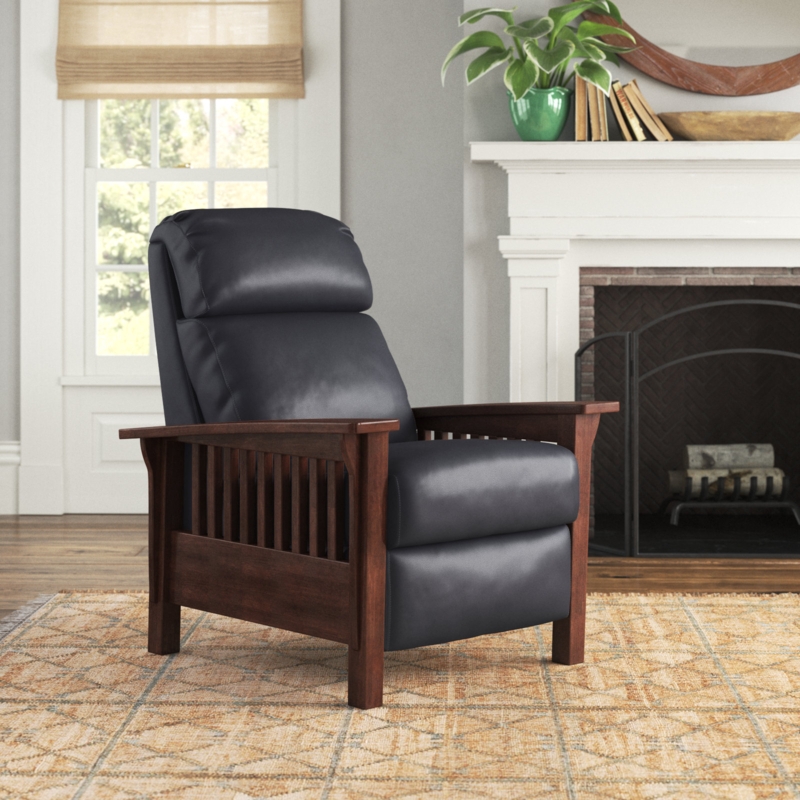 Mission Recliner Slatted Sides Blue Leather Like Manual