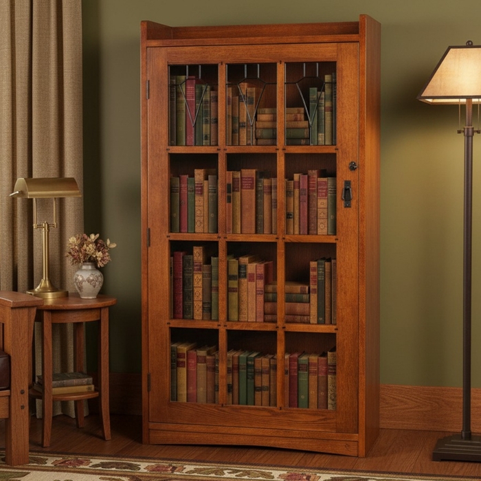 Mission Style Leaded Glass Bookcase with Lock and Key