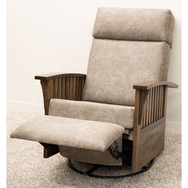 Mission Style Recliner with Slatted Wood Arms and Tan Faux Leather