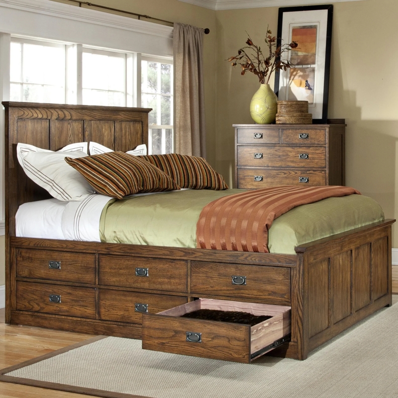 Mission Style Storage Bed with Panel Headboard in Medium Wood Finish