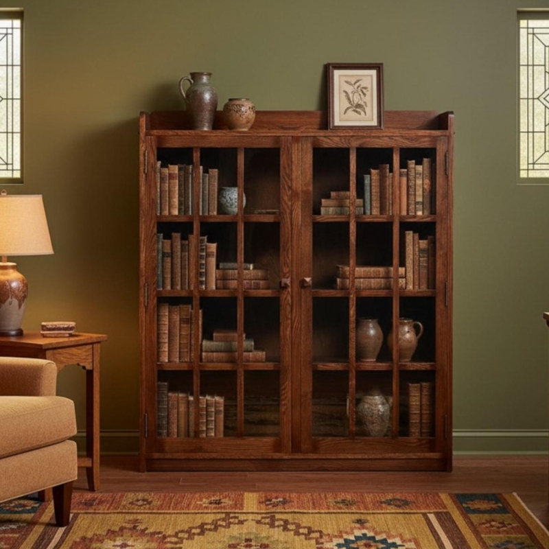Mission Style Wood Bookcase with Mullioned Glass Doors