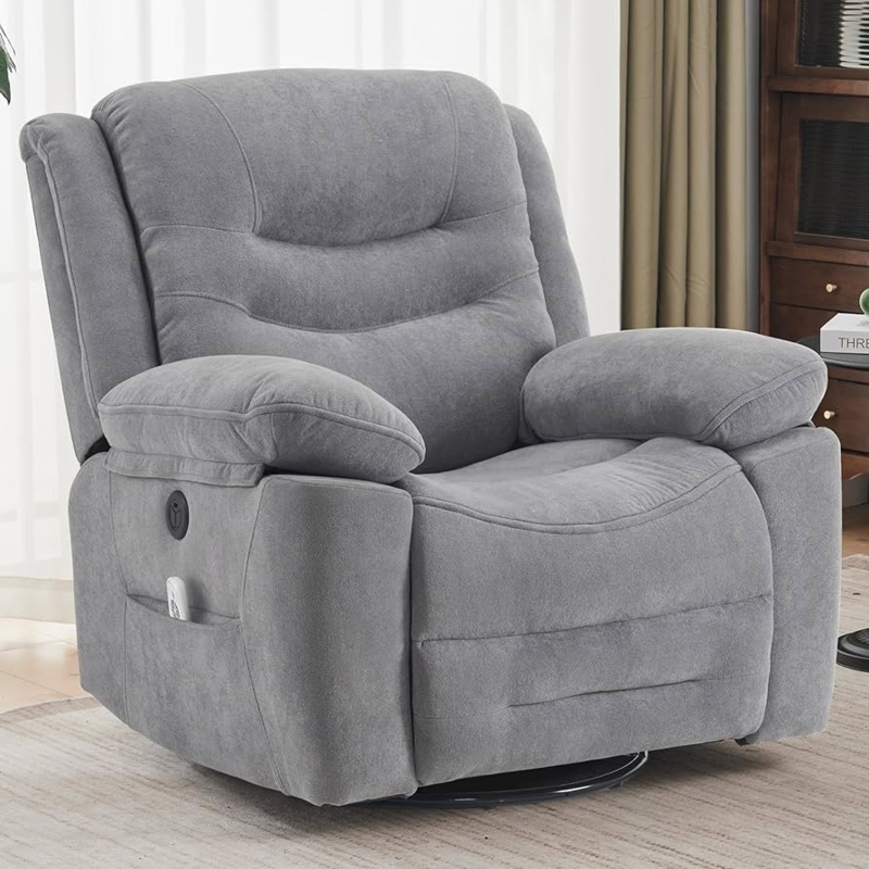 Misty Gray Power Swivel Recliner Chair with Overstuffed Arms