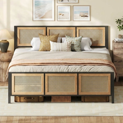 Mixed Material Bed Frame with Tripartite Rattan Panels and Black Border.