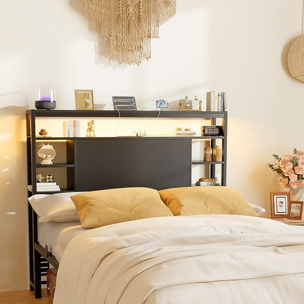 Mixed Material Headboard with Integrated LED Lighting and Shelves