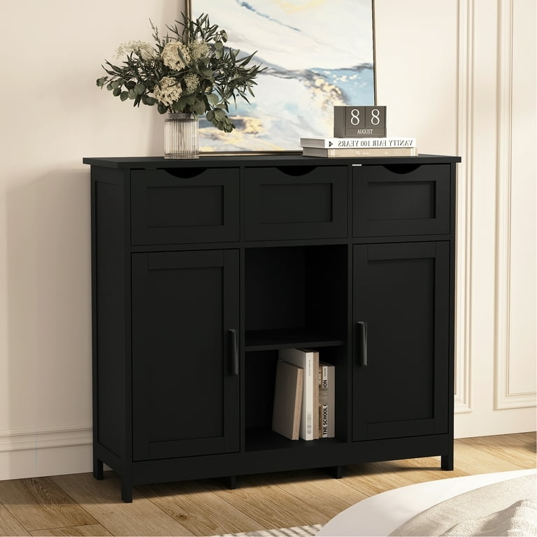 Mixed Storage Cabinet Scooped Drawer Pulls Open Shelving