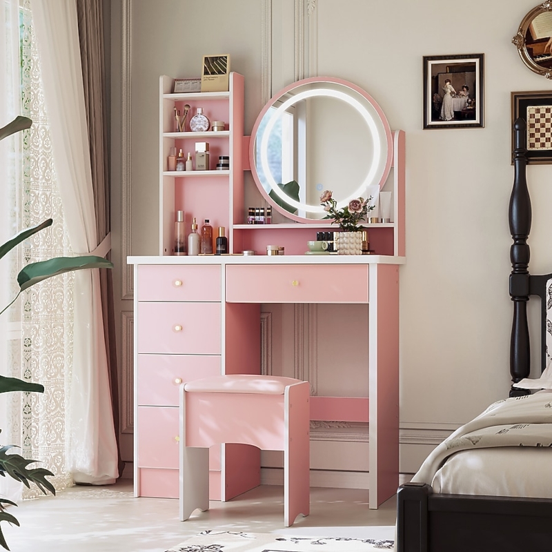 Modern 5-Drawer Vanity with Circular LED Mirror and Open Shelving