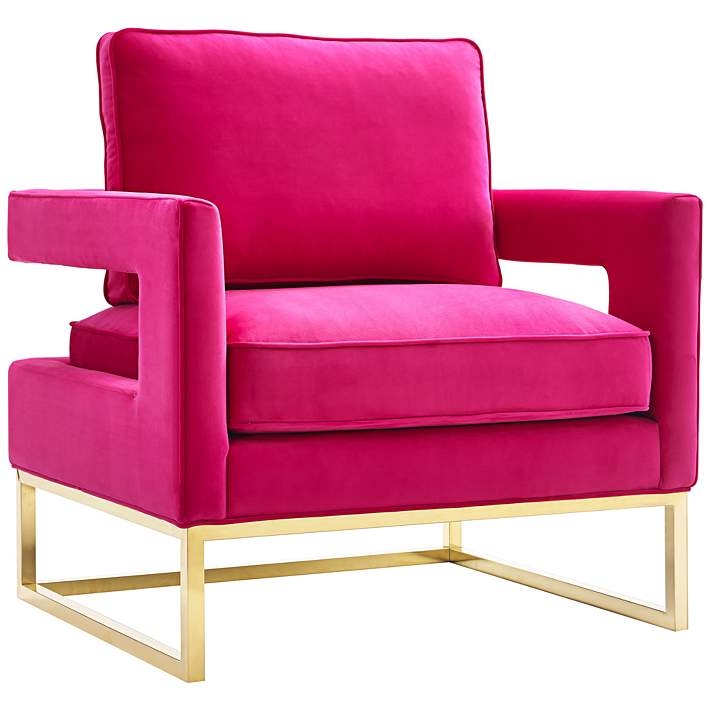 Modern Accent Chair: Hot Pink Velvet, Geometric Gold Frame.