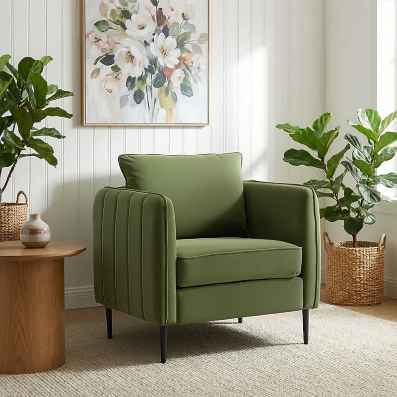 Modern Accent Chair Olive Green Velvet Channel Tufted Metal Legs