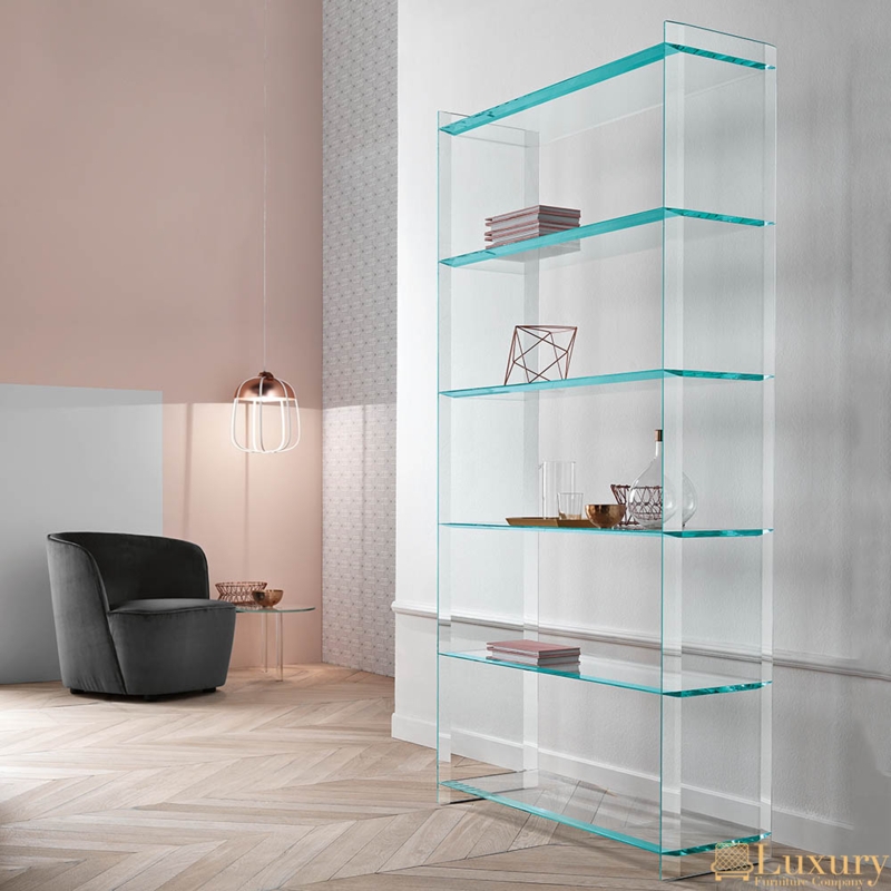 Modern All-Glass Bookcase with Aquamarine-Tinted Edges