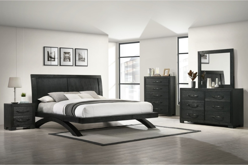 Modern Arched Platform Bed Set Minimalist Charcoal Wood Finish