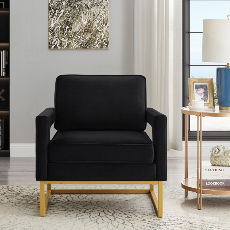 Modern Armchair with Open Armrest Design on Satin Gold Sled Base