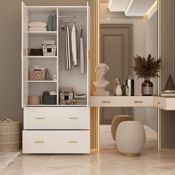 Modern Armoire with Integrated Vanity and Ribbed Ottoman Seating