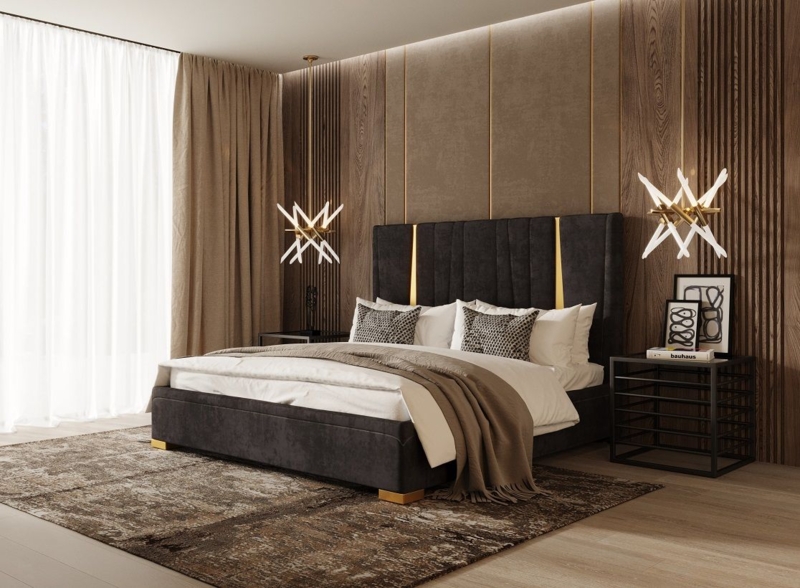 Modern Bed Black Velvet Vertical Brass Headboard Inserts Luxury