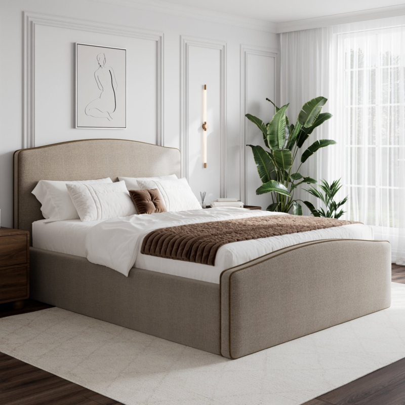 Modern Bed Frame: Taupe Camelback Upholstered Design