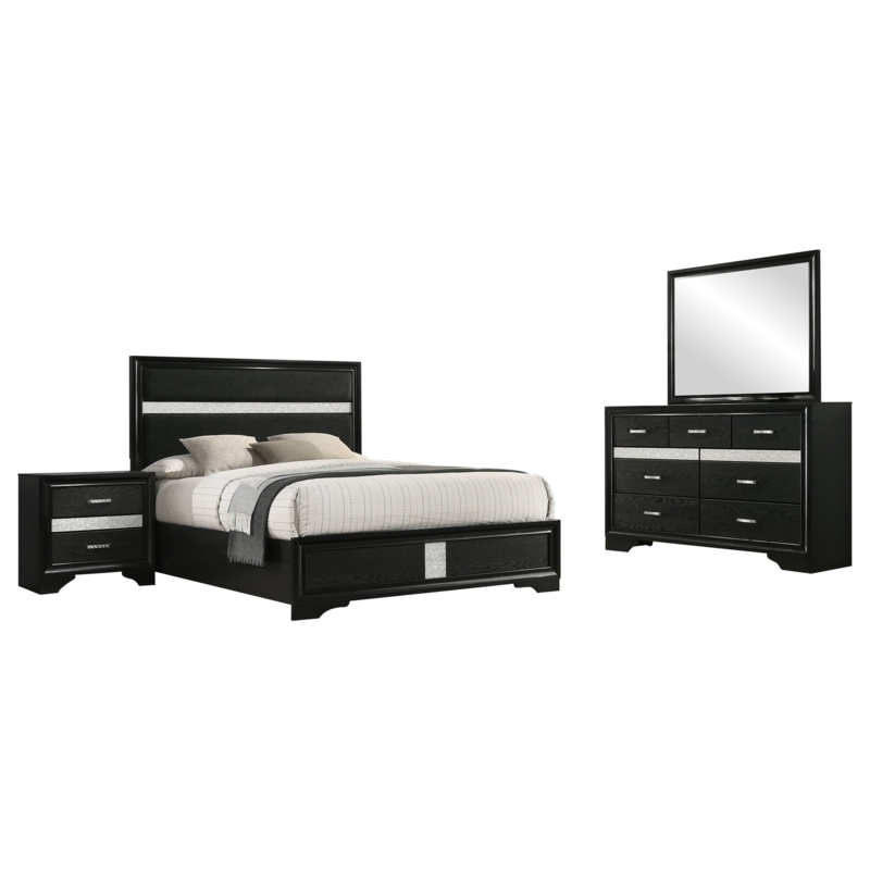 Modern Bedroom Set Silver Inset Panels Wood Grain Texture