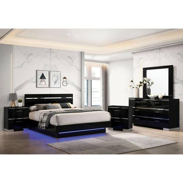 Modern Bedroom Suite High Gloss Black Finish LED Lighting