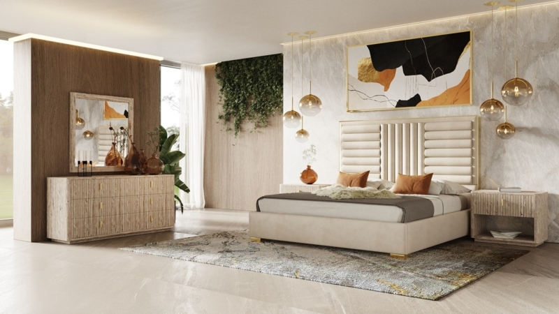 Modern Beige Bedroom Set with Ribbed Texture Facade and Gold Accents