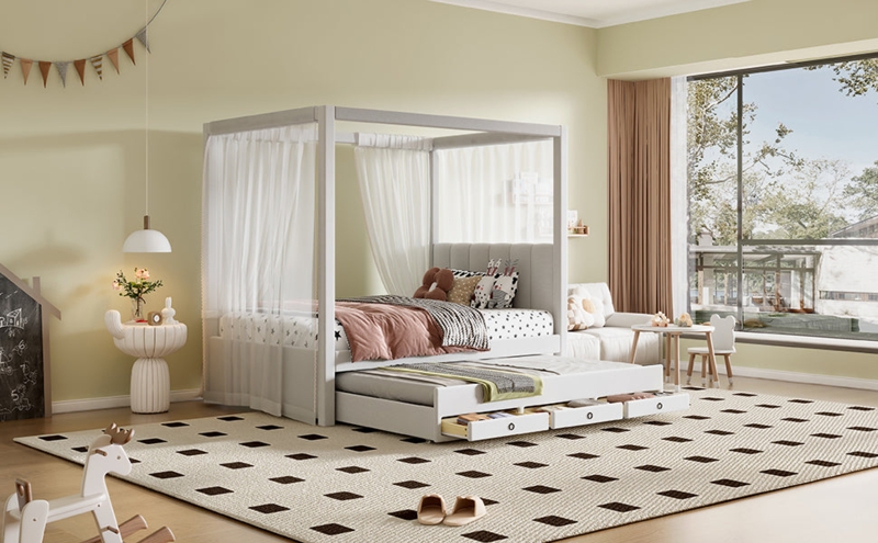 Modern Beige Channel Tufted Canopy Bed with Trundle and Drawers
