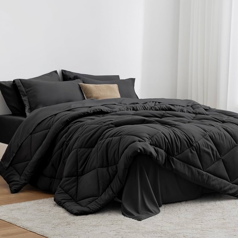 Modern Black Comforter Set with Grid Stitching Details