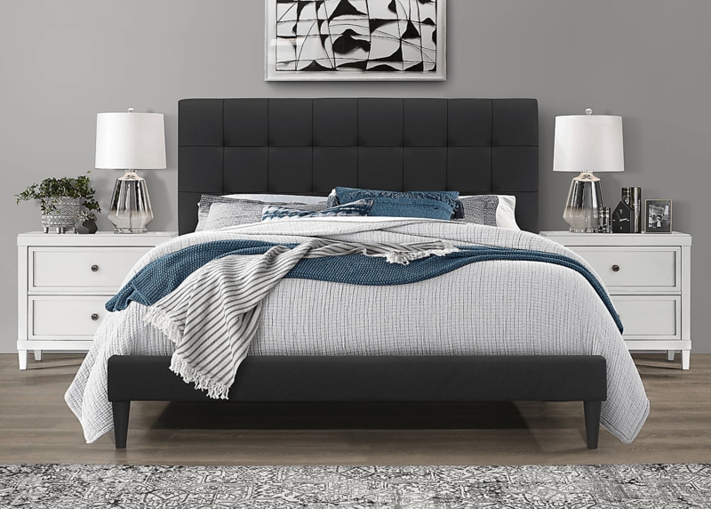 Modern Black King Bed with Biscuit Tufted Headboard