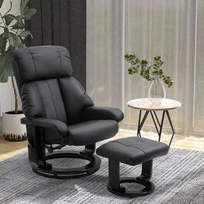 Modern Black Leather-like Swivel Recliner & Tufted Ottoman