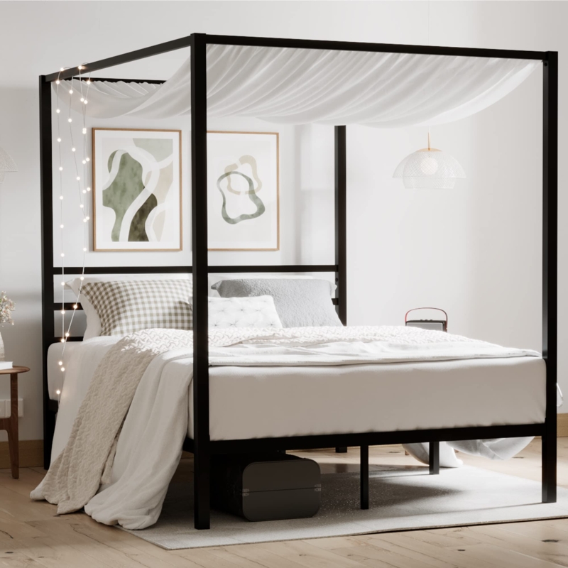 Modern Black Metal Canopy Bed Frame with Slatted Headboard