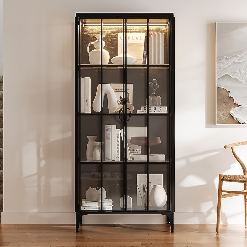 Modern Black Metal Display Cabinet with Tall Glass Doors and Legs