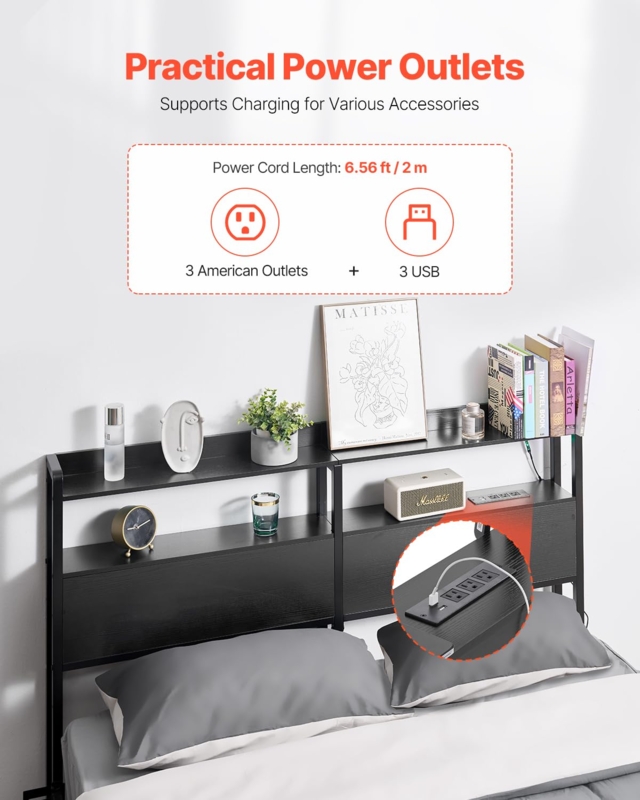 Modern Black Metal Storage Headboard with Built-in Charging Station