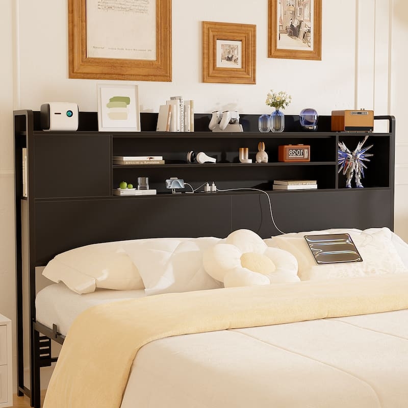 Modern Black Storage Headboard with Sliding Door and Integrated Power Outlet