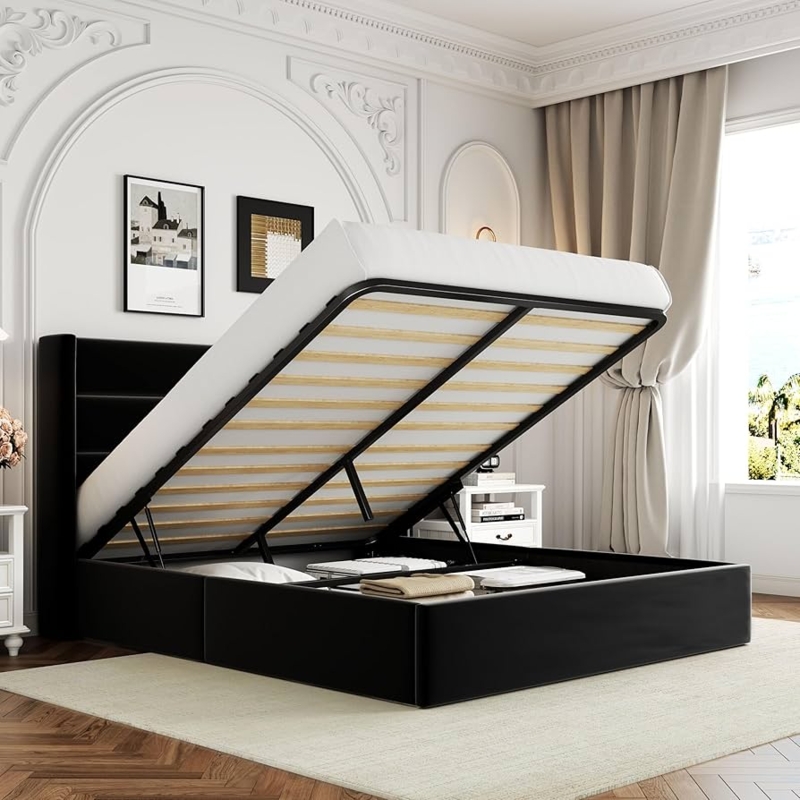 Modern Black Velvet Storage Bed with Wingback Shelving