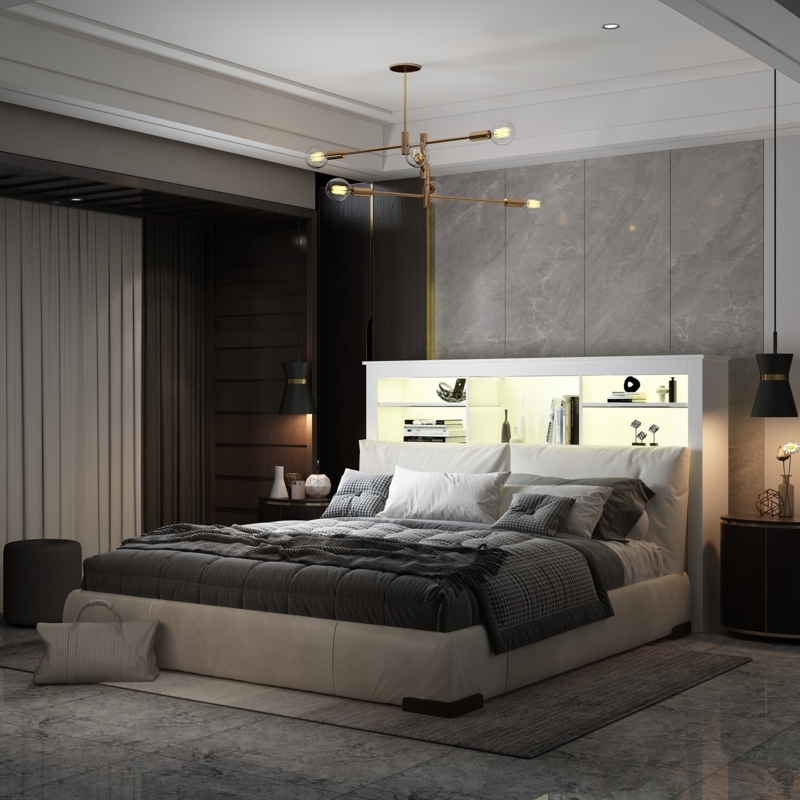Modern Bookcase Headboard White with Integrated LED Lighting