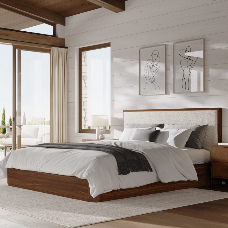 Modern Boucle Upholstered Bed Frame with Walnut Toned Platform Base