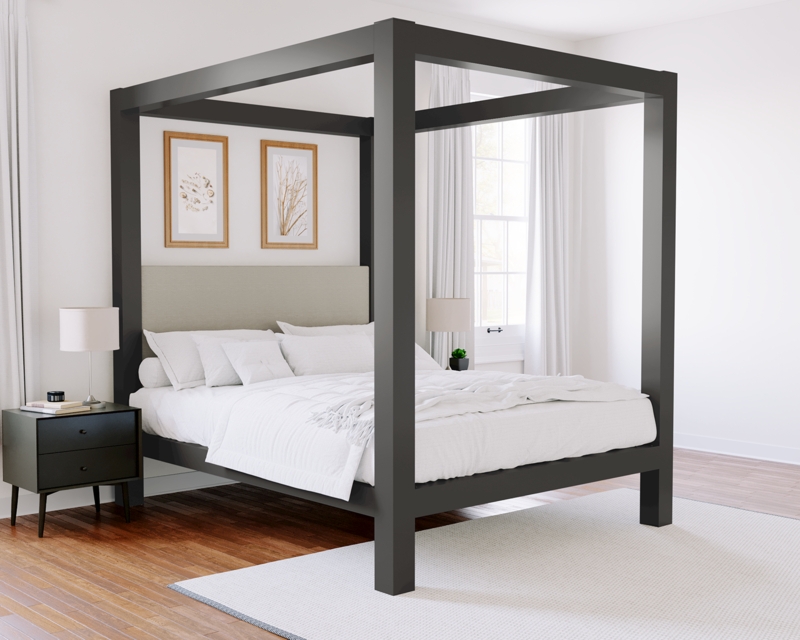 Modern Canopy Bed in Matte Charcoal with Upholstered Headboard