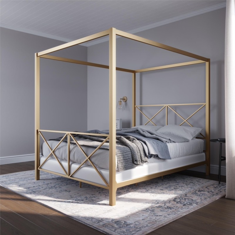 Modern Canopy Bed Satin Gold Metal Geometric X-Motif Headboard Square