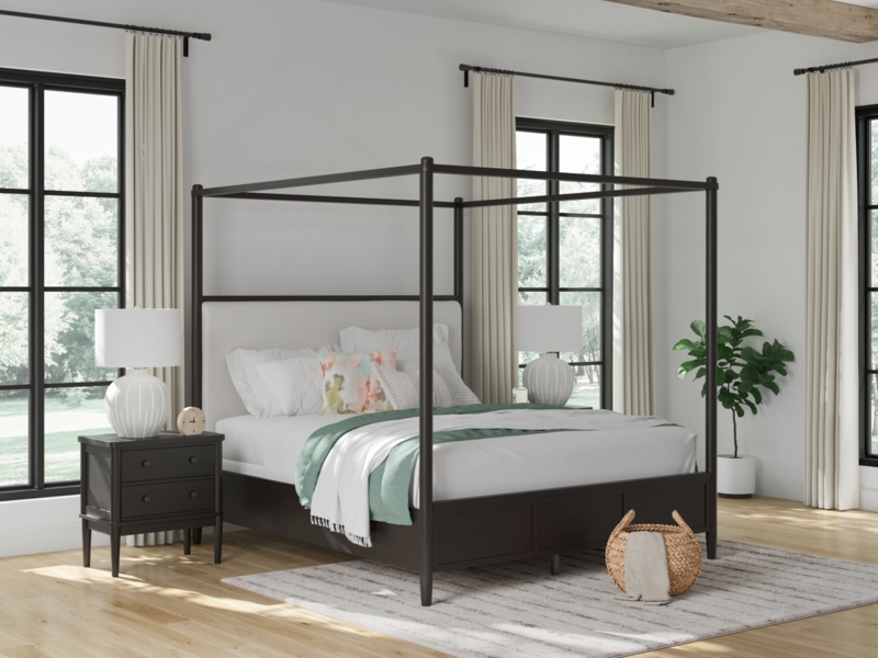 Modern Canopy Bed Slim Charcoal Finish Cream Upholstered Headboard