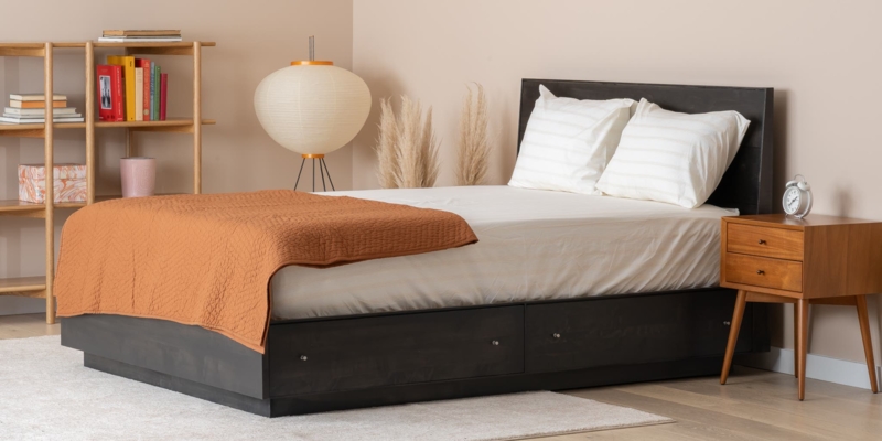 Modern Charcoal Wood Platform Storage Bed with Side Drawers
