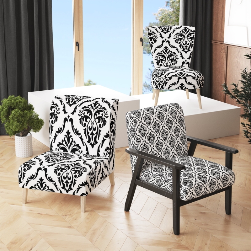 Modern Classic Accent Chair Bold Damask Print Tapered Legs