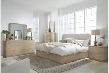 Modern Coastal Platform Bed Light Wood Base Wingback Headboard